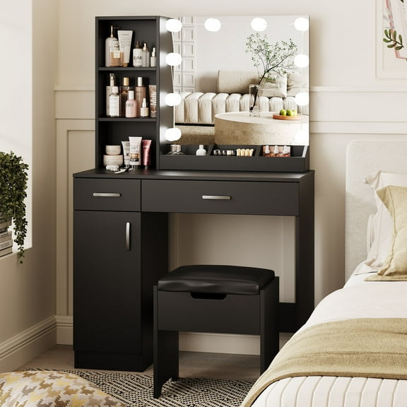 VEANERWOOD Vanity Desk Set with 3 Color Lighted Mirror, Makeup Table with Comfortable Cushioned Stool, Dressing Table Set with 3 Storage Compartments & Large Drawers, Black