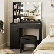 VEANERWOOD Vanity Desk Set with 3 Color Lighted Mirror, Makeup Table with Comfortable Cushioned Stool, Dressing Table Set with 3 Storage Compartments & Large Drawers, Black