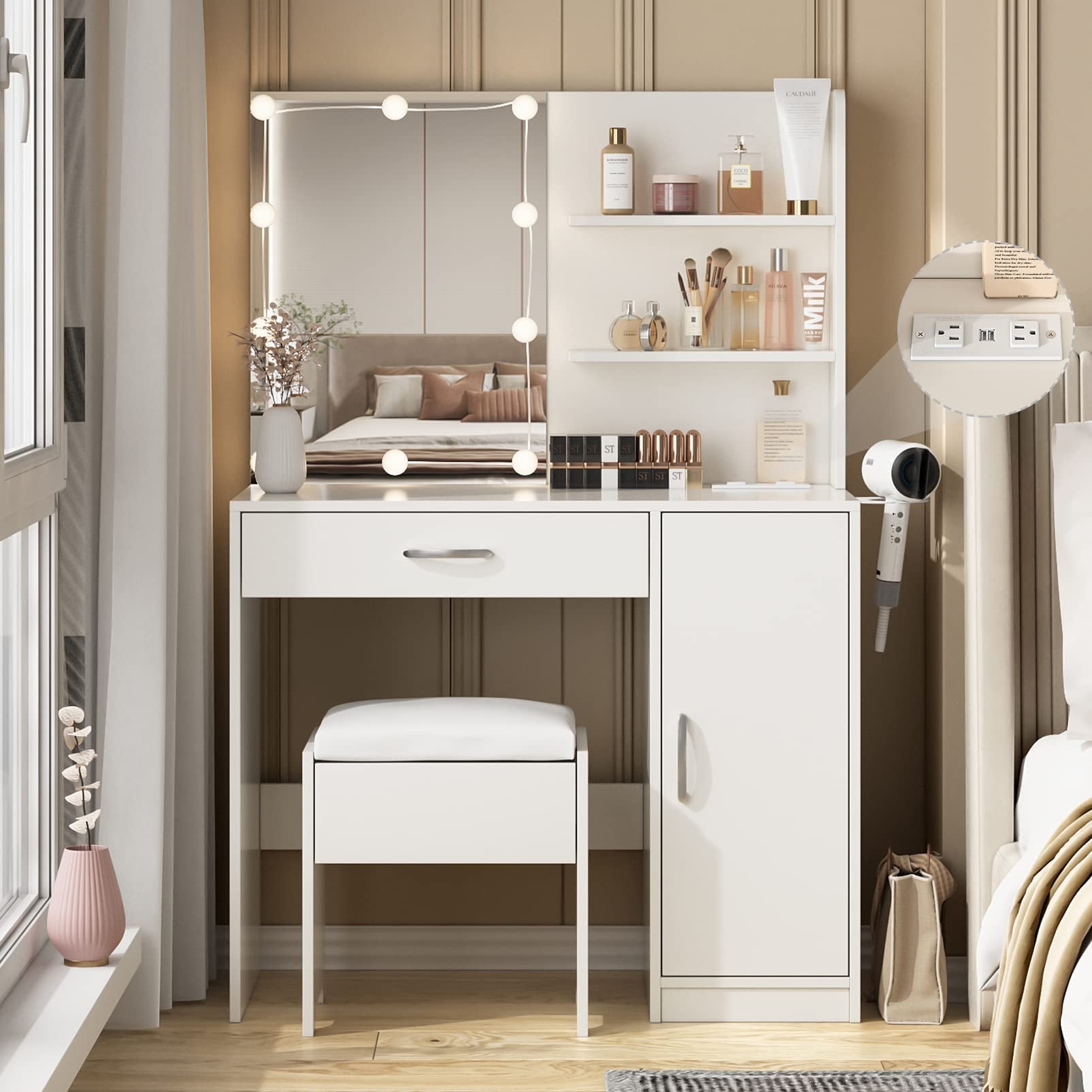 VEANERWOOD Makeup Vanity Set with Lighted Mirror & Power Strip Makeup