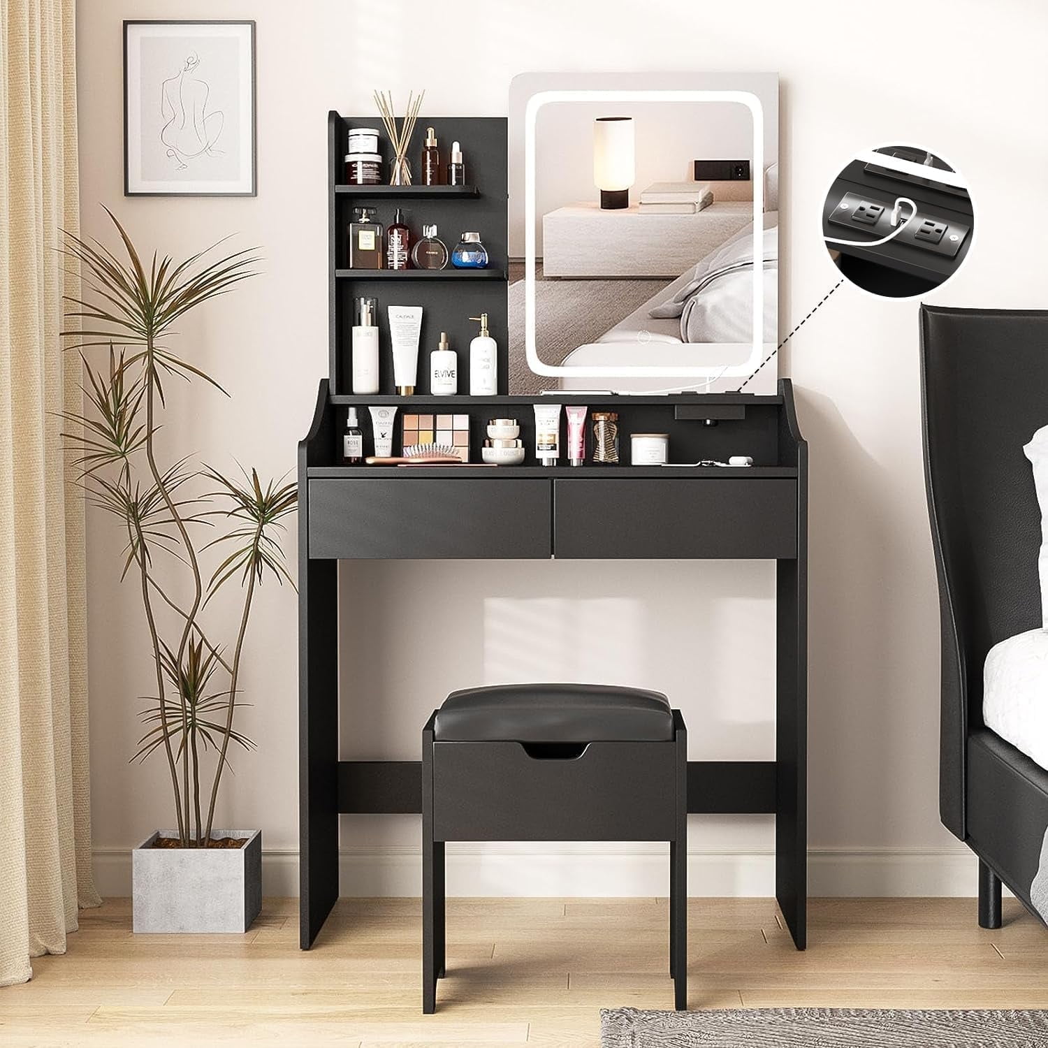 VEANERWOOD Makeup Vanity Set with Lights and Power Strip,Vanity Dressing Table with Drawers and Shelves for Bedroom,Black