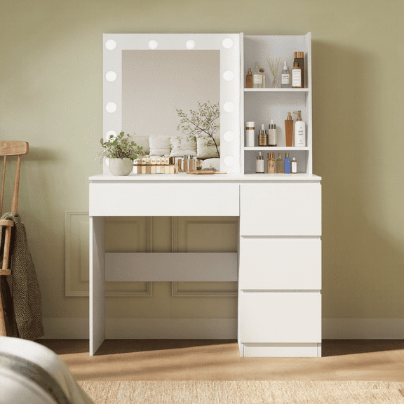 VEANERWOOD Makeup Vanity Table with 12 Lights, Vanity Desk with Lighted Mirror, 4 Large Drawers Dresser, 3 Lighting Modes Brightness Adjustable, Modern, White