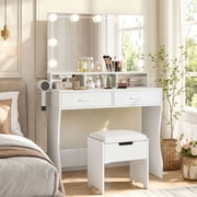 Modern Vanity Table Set with Lighted Mirror,Makeup Table with 2 Drawers & Power Strip,Dresser Desk for Girls, Women, White