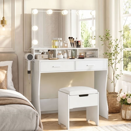 Modern Vanity Table Set with Lighted Mirror,Makeup Table with 2 Drawers & Power Strip,Dresser Desk for Girls, Women, White price history and forecast - Veanerwood W1-D8L245BS01