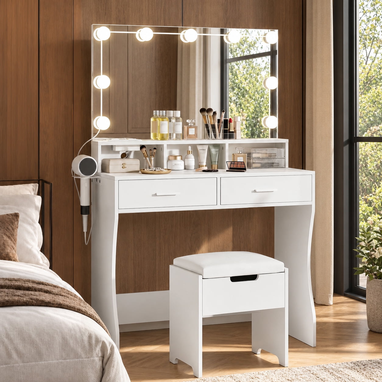 Modern Vanity Table Set with Lighted Mirror,Makeup Table with 2 Drawers & Power Strip,Dresser Desk for Girls, Women, White