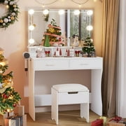Modern Vanity Table Set with Lighted Mirror,Makeup Table with 2 Drawers & Power Strip,Dresser Desk for Girls, Women, White