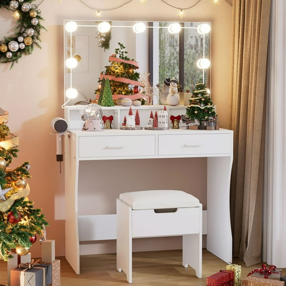 Modern Vanity Table Set with Lighted Mirror,Makeup Table with 2 Drawers & Power Strip,Dresser Desk for Girls, Women, White
