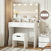 Modern Vanity Table Set with Lighted Mirror,Makeup Table with 2 Drawers & Power Strip,Dresser Desk for Girls, Women, White