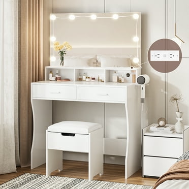 Modern Vanity Table Set with Lighted Mirror,Makeup Table with 2 Drawers & Power Strip,Dresser Desk for Girls, Women, White
