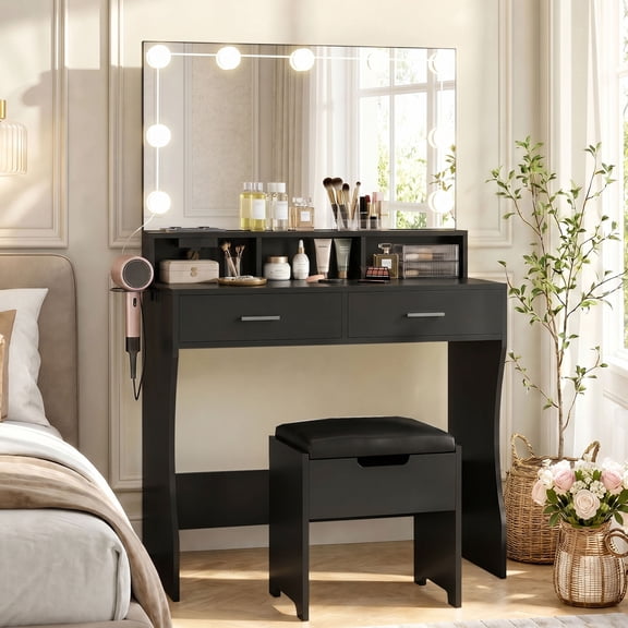 VEANERWOOD Makeup Vanity Table Set with Lighted Mirror & Power Strip for Bedroom, Black