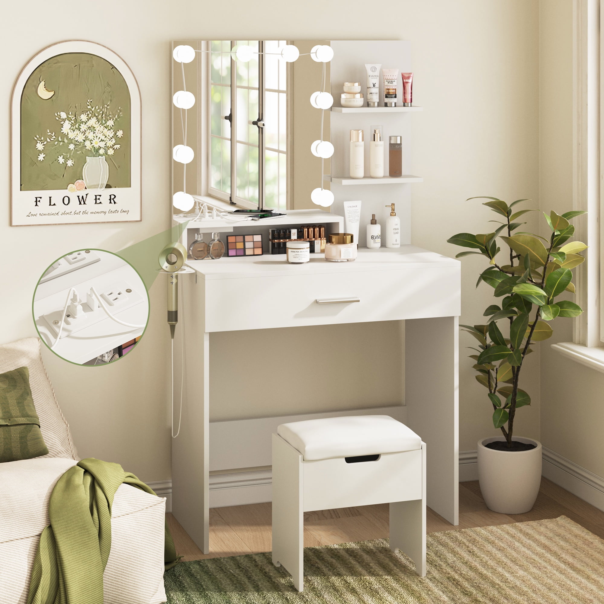 Furmax Bedroom Vanity Table Set with LED Lights, Mirror, Drawer, and Stool, White - Walmart.com Furmax Bedroom Vanity Table Set with LED Lights, Mirror, Drawer, and Stool, White - Walmart.com