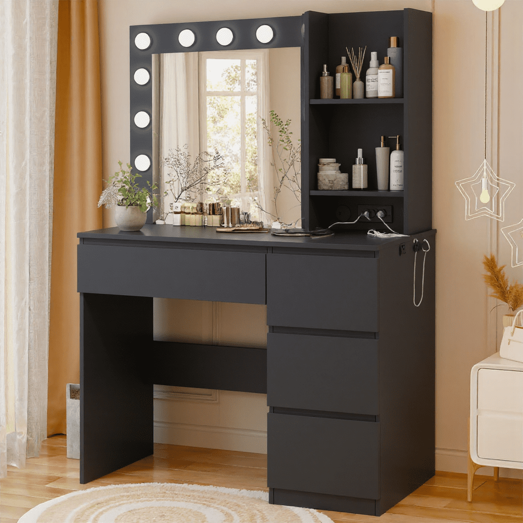 black modern dressing table Modern Black Makeup Vanity Set Dressing Table with Lighted Mirror Cabinet & StoolHomary