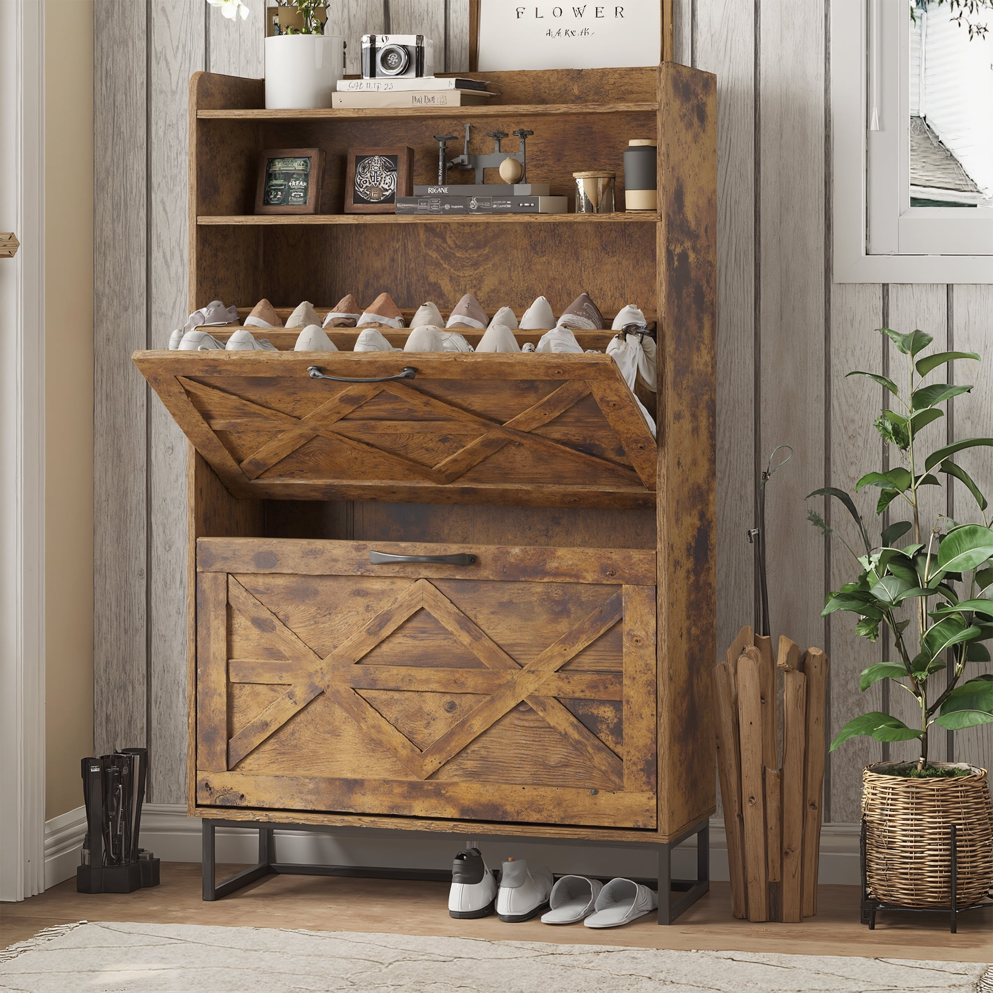 VEANERWOOD Modern 46.8" H Shoe Cabinet with 2 Flip Drawers ...
