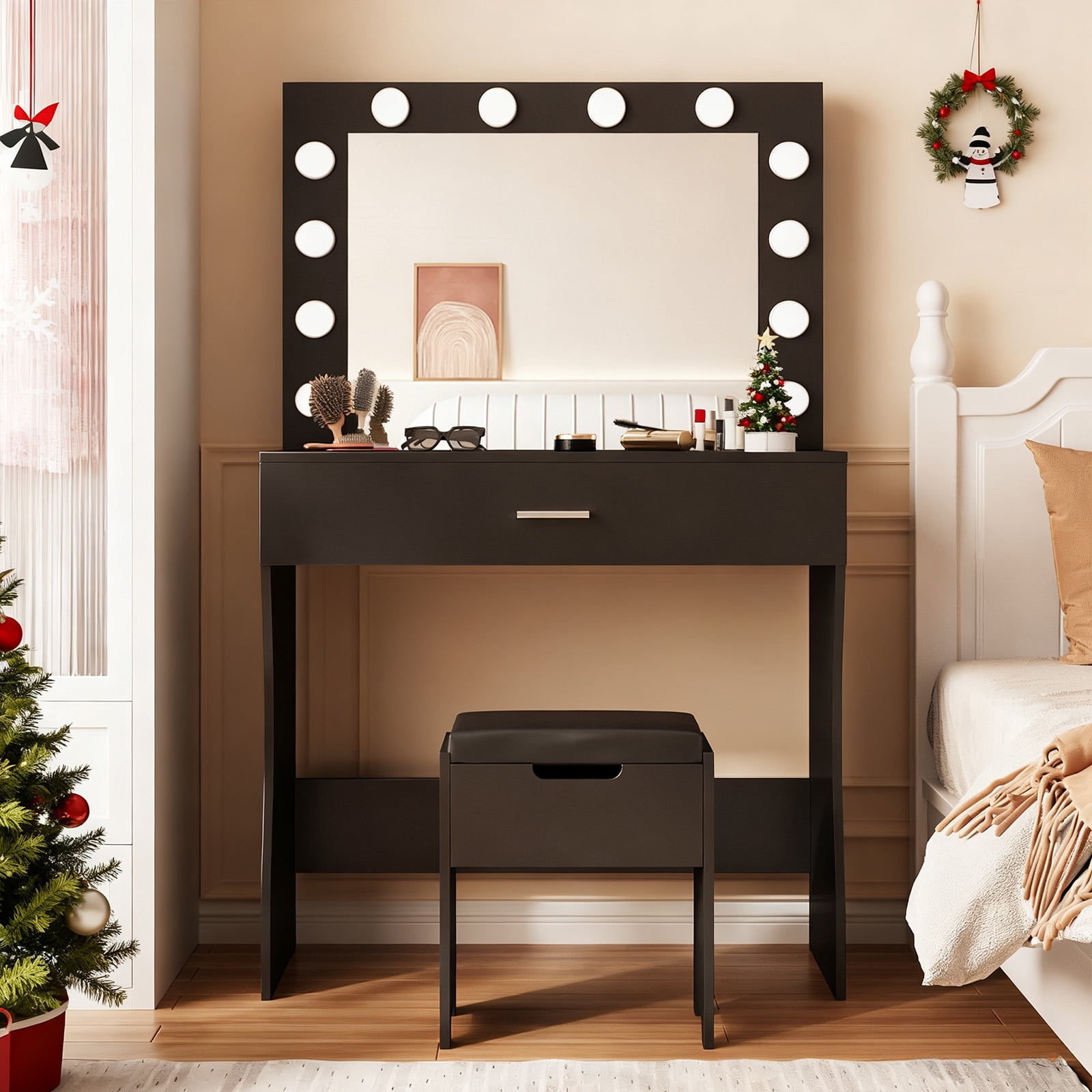 VEANERWOOD Modern Vanity Table with Lighted Mirror and Stool, Black Finish, for Bedroom