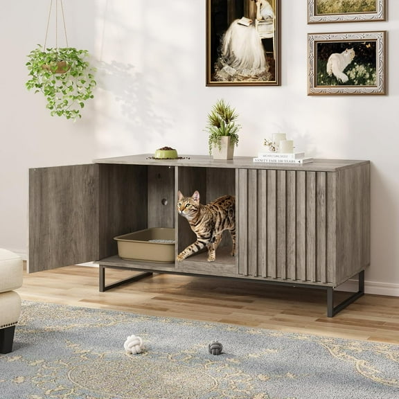 VEANERWOOD Multi-Functional Cat Washroom Bench, Hidden Cat Litter Box Enclosure with 2 Doors & Cat Scratch Pad for 2 Cats