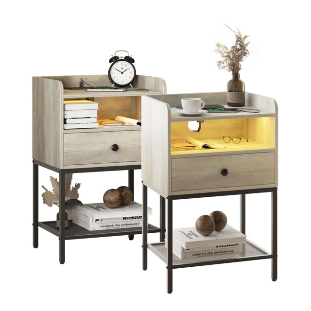 VEANERWOOD Nightstand Set of 2, Grey Nightstands with Charging Station
