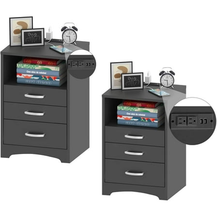 VEANERWOOD Nightstand Set of 2 with 3 Drawers and Charging Station 24" H End Side Table, Black
