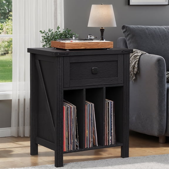 VEANERWOOD Nightstand with Drawers and Charging Station, Farmhouse Vinyl Record Storage Cabinet End Table for Bedroom Living Room