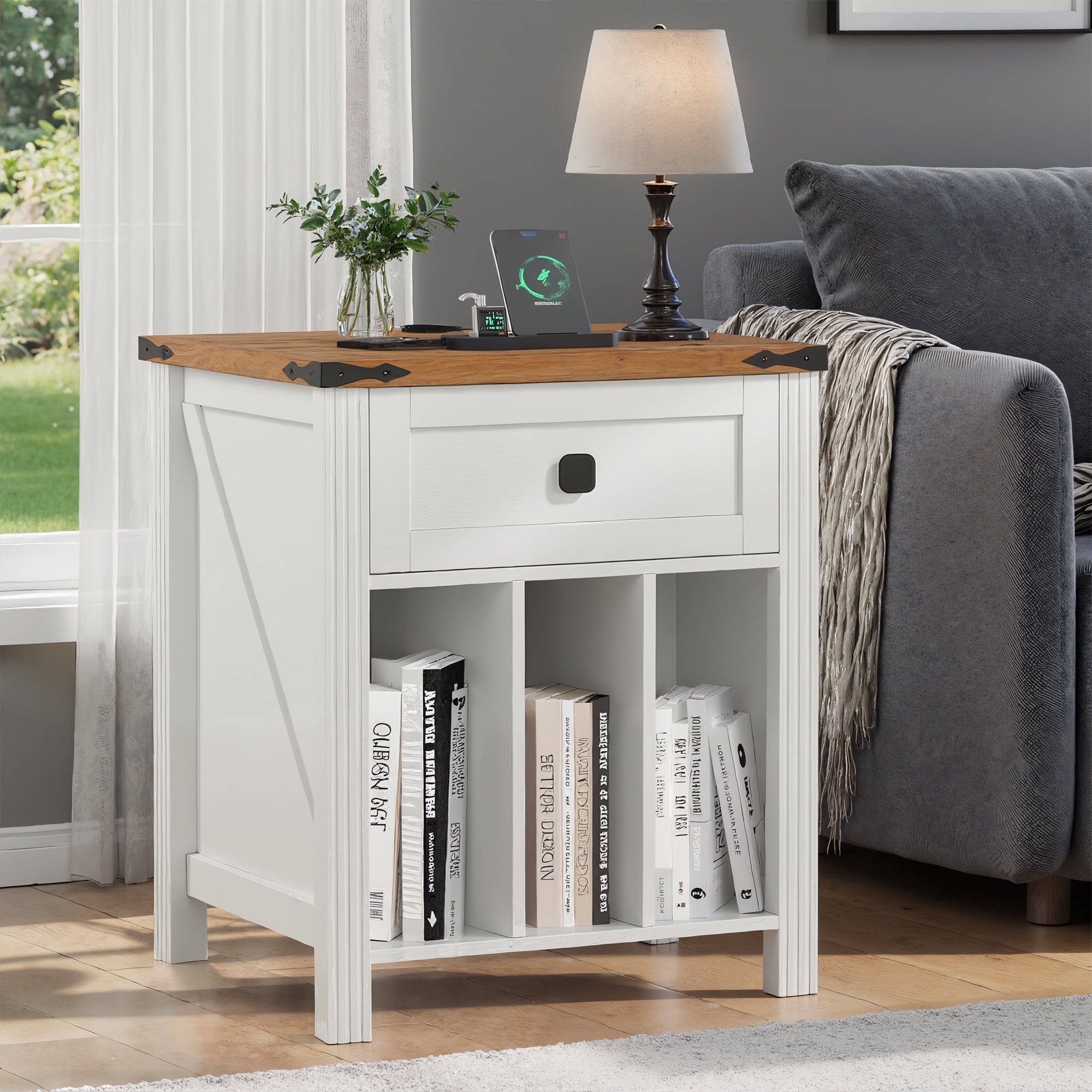VEANERWOOD Nightstand with Drawers and Charging Station, Farmhouse Vinyl Record Storage Cabinet End Table for Bedroom Living Room
