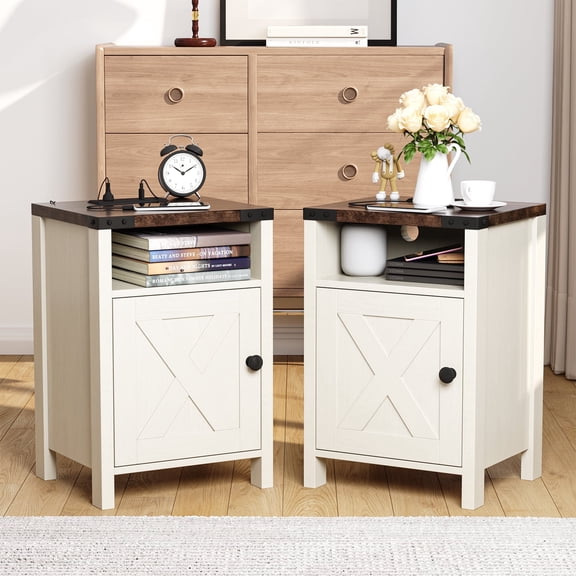 VEANERWOOD Nightstands Set of 2, Farmhouse End Tables with Charging Station, Bedside Tables, White
