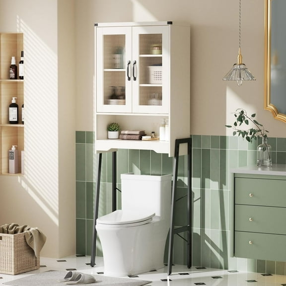 VEANERWOOD Over The Toilet Storage Cabinet with Tempered Glass Doors & Adjustable Shelf, Tall Freestanding Rack, White