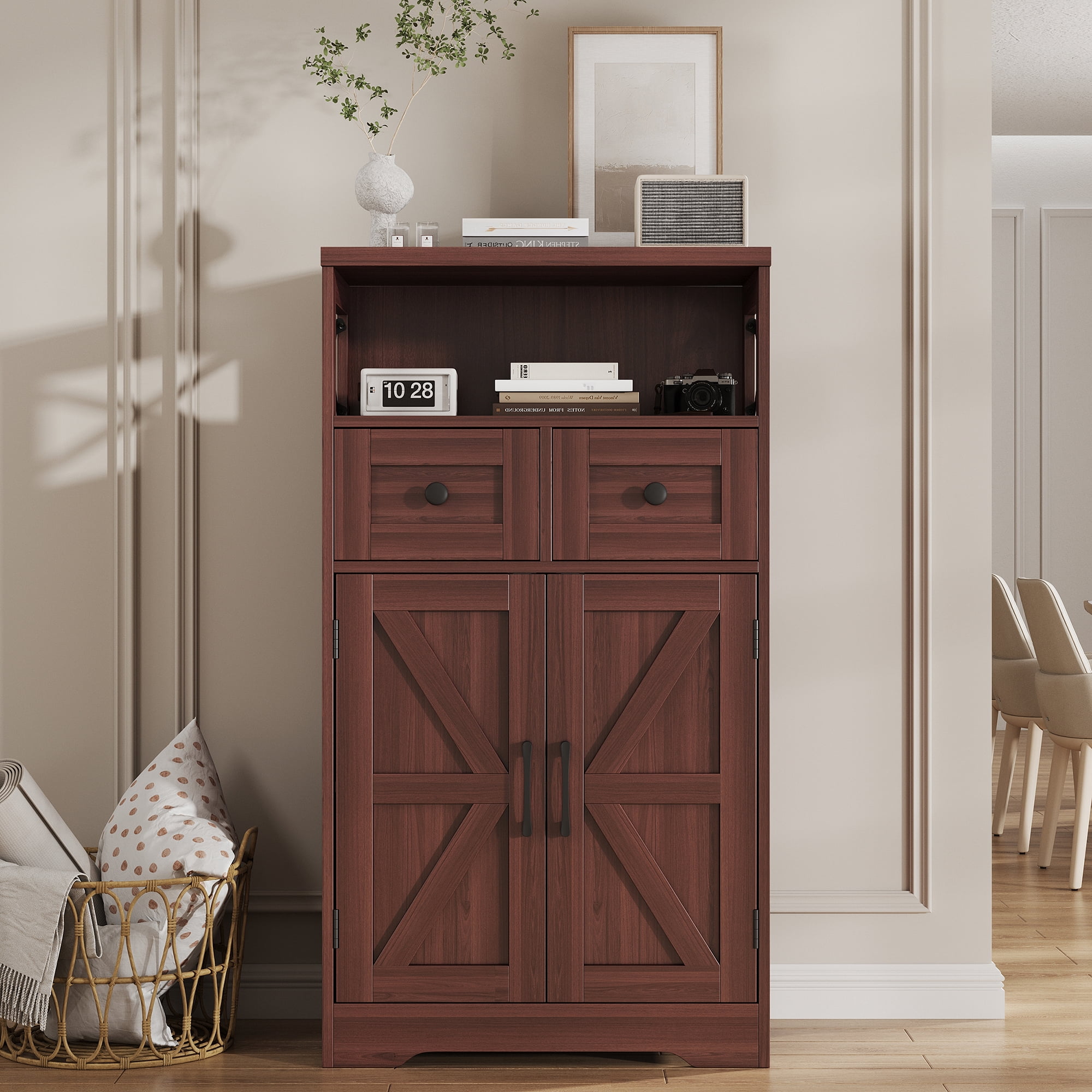Pantry Cabinet, 43" Kitchen Pantry Storage Cabinet with Open Shelf , 2 Drawers, Adjustable Shelves, Dark Brown