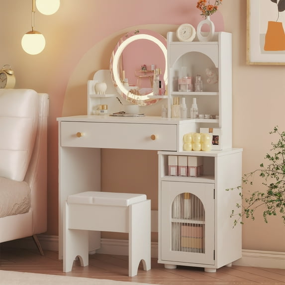 VEANERWOOD Princess Makeup Vanity Sets with HD Mirror & Storage Cabinet and Comfy Stool, Vanity Table with Glass Door for Girls Bedroom