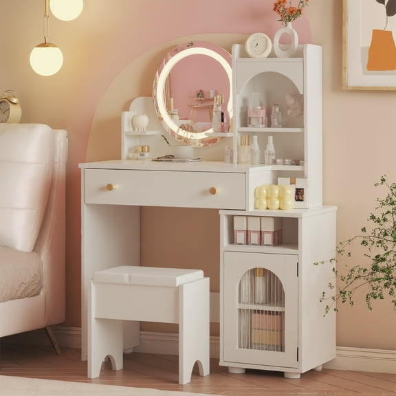 VEANERWOOD Princess Makeup Vanity Sets with HD Mirror & Storage Cabinet and Comfy Stool, Vanity Table with Glass Door for Girls Bedroom