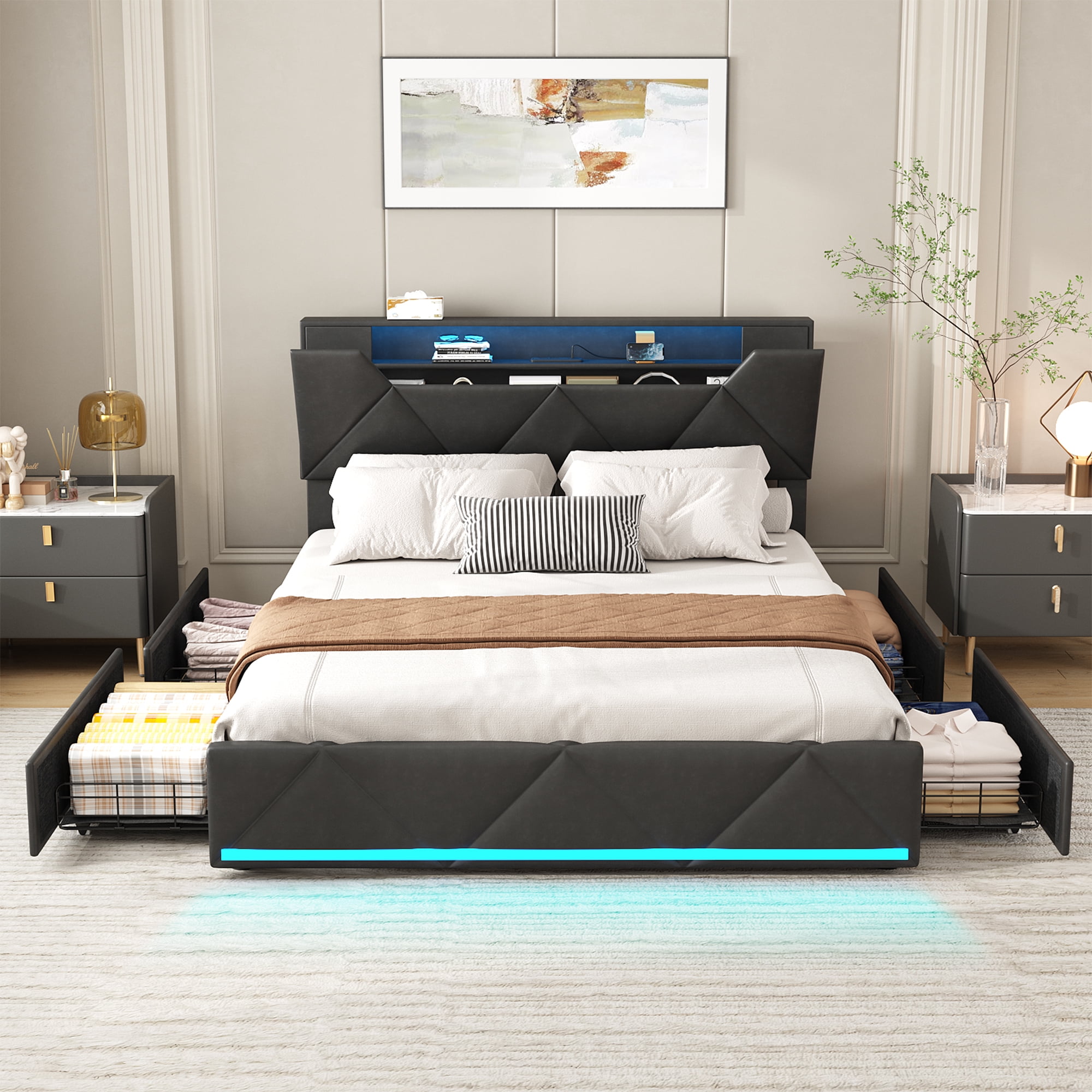 Queen Frame Veanerwood Queen Bed Frame with Storage Headboard and Drawers - Walmart.com