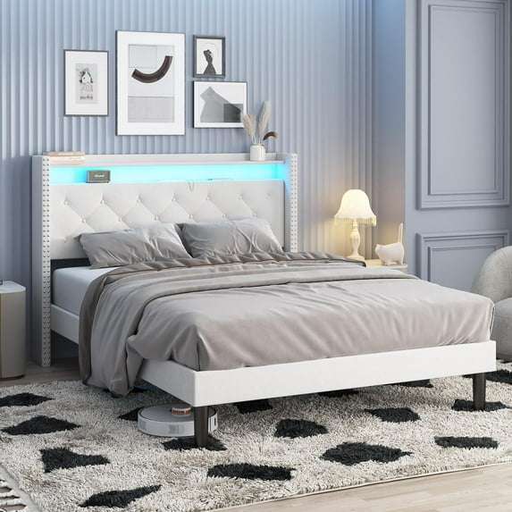 VEANERWOOD Queen Size Bed Frame with LED Headboard, Velvet Upholstered Platform Bed Frame with Lights and Charging Station, Wingback Storage Headboard and Type C & USB Ports, Wood Slats, Gray