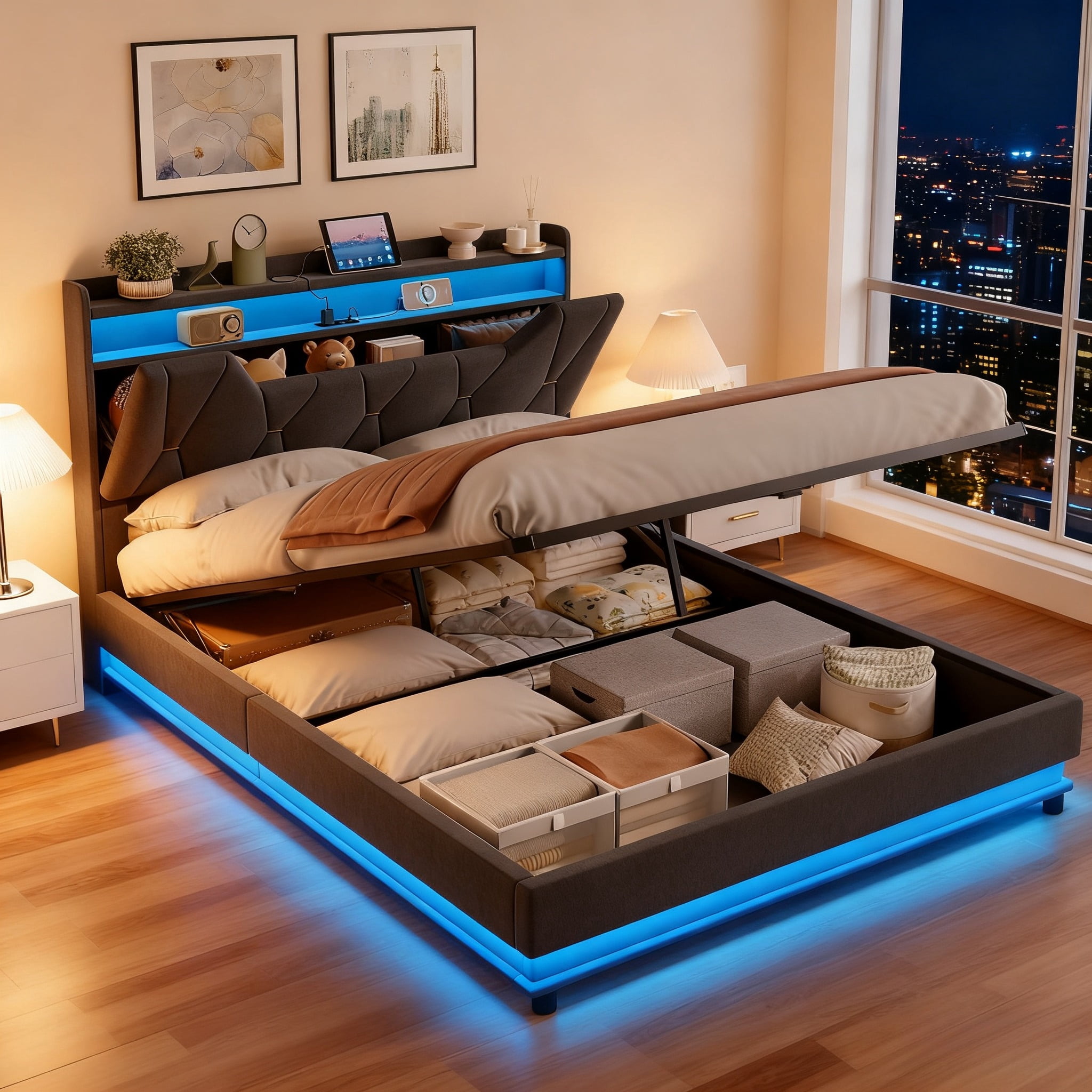 VEANERWOOD Queen Size Lift Up Bed Frame with Upholstered Headboard ...