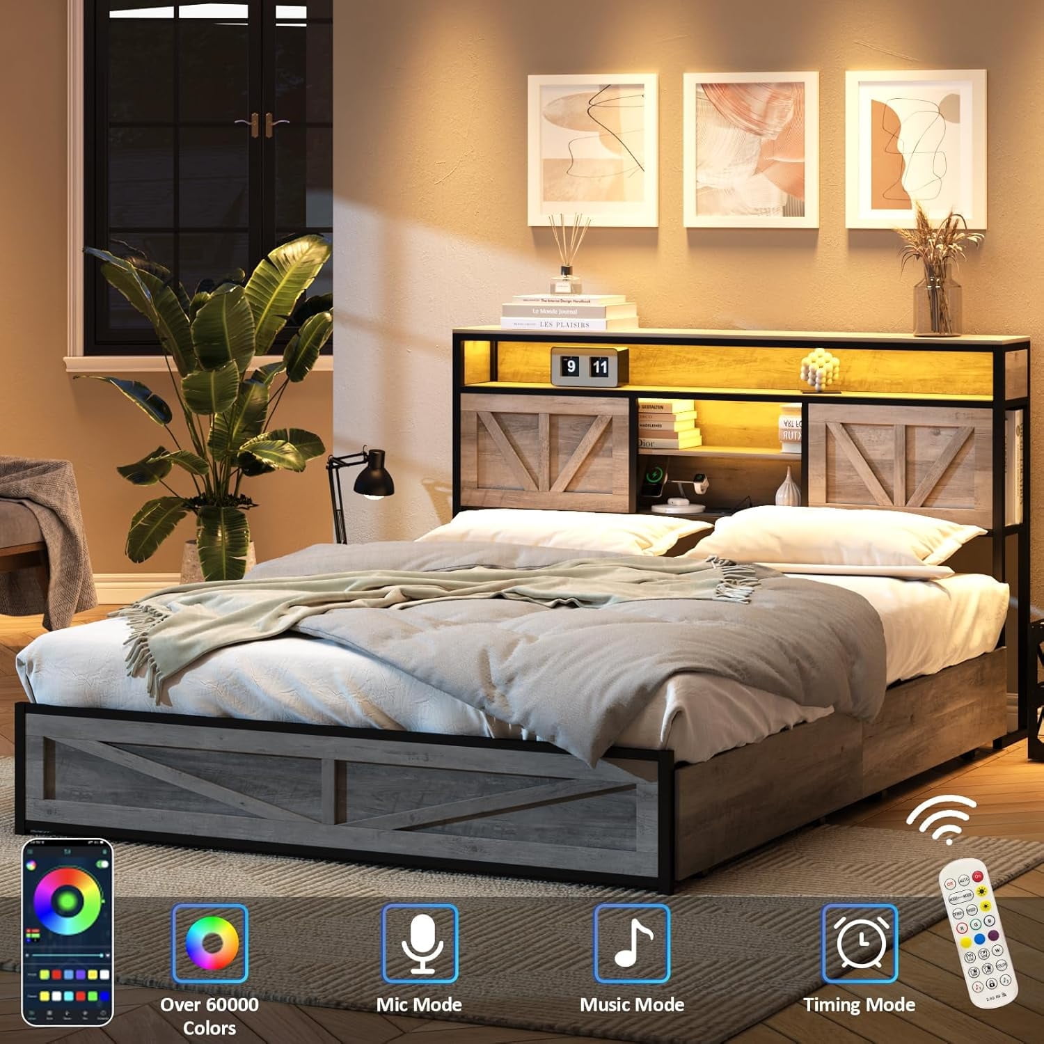 VEANERWOOD Queen Size Platform Bed Frame with Charging Station & 4 ...