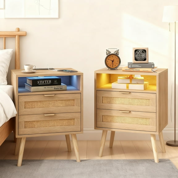 VEANERWOOD Rattan 2 Drawer Nightstand Set of 2 with LED Lights, Bedside Table Night Stand with Charging Station for Bedroom