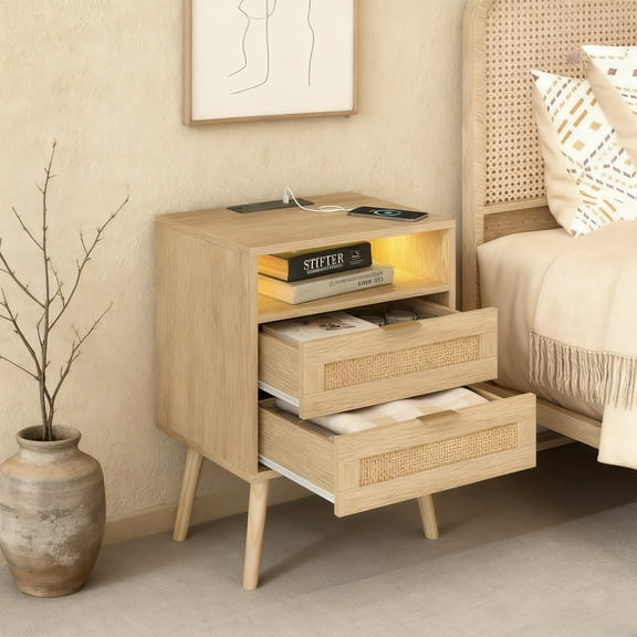 VEANERWOOD Rattan 2 Drawer Nightstand with LED Lights, Bedside Table Night Stand with Charging Station for Bedroom