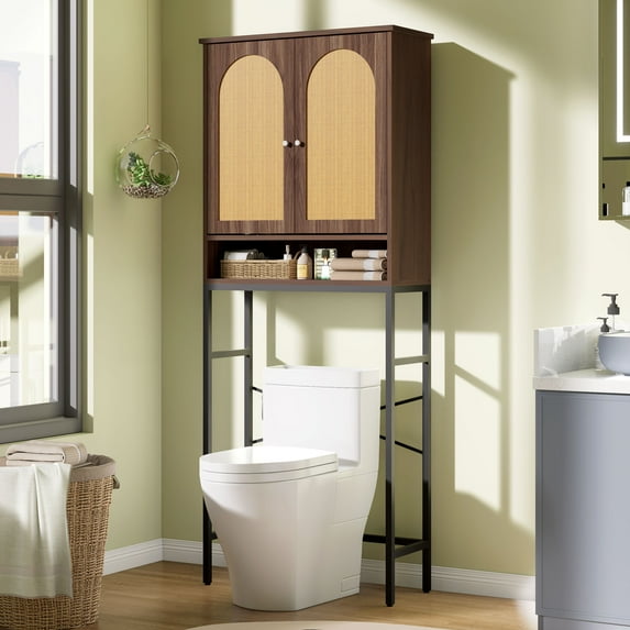 VEANERWOOD Rattan Over The Toilet Storage Cabinet, Bathroom Space-Saving Toilet Rack with Cupboard Metal Stand & Adjustable Shelf, Space Saver