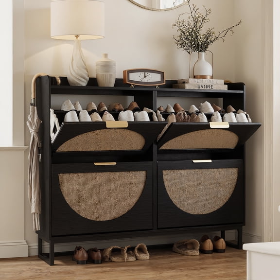 VEANERWOOD Rattan Shoe Cabinet with 4 Flip Drawers, Freestanding Shoe Storage Cabinet for Entryway with Hidden Golden Handles & Adjustable Shelves