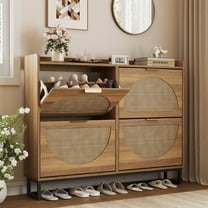 VEANERWOOD Rattan Shoe Cabinet with 4 Flip Drawers, Modern 40 Pair Shoe Storage Cabinet for Entryway with Hidden Golden Handles