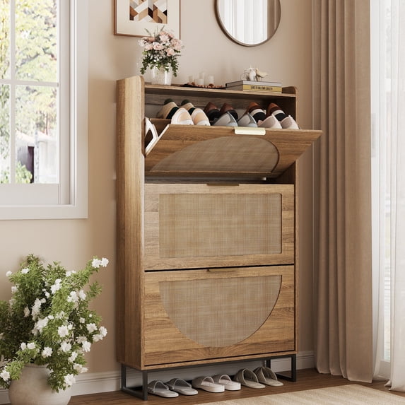 VEANERWOOD Rattan Shoe Storage Cabinet with 3 Flip Drawers,Shoe Organizer with Metal Legs for Entryway, Rustic Oak Rattan