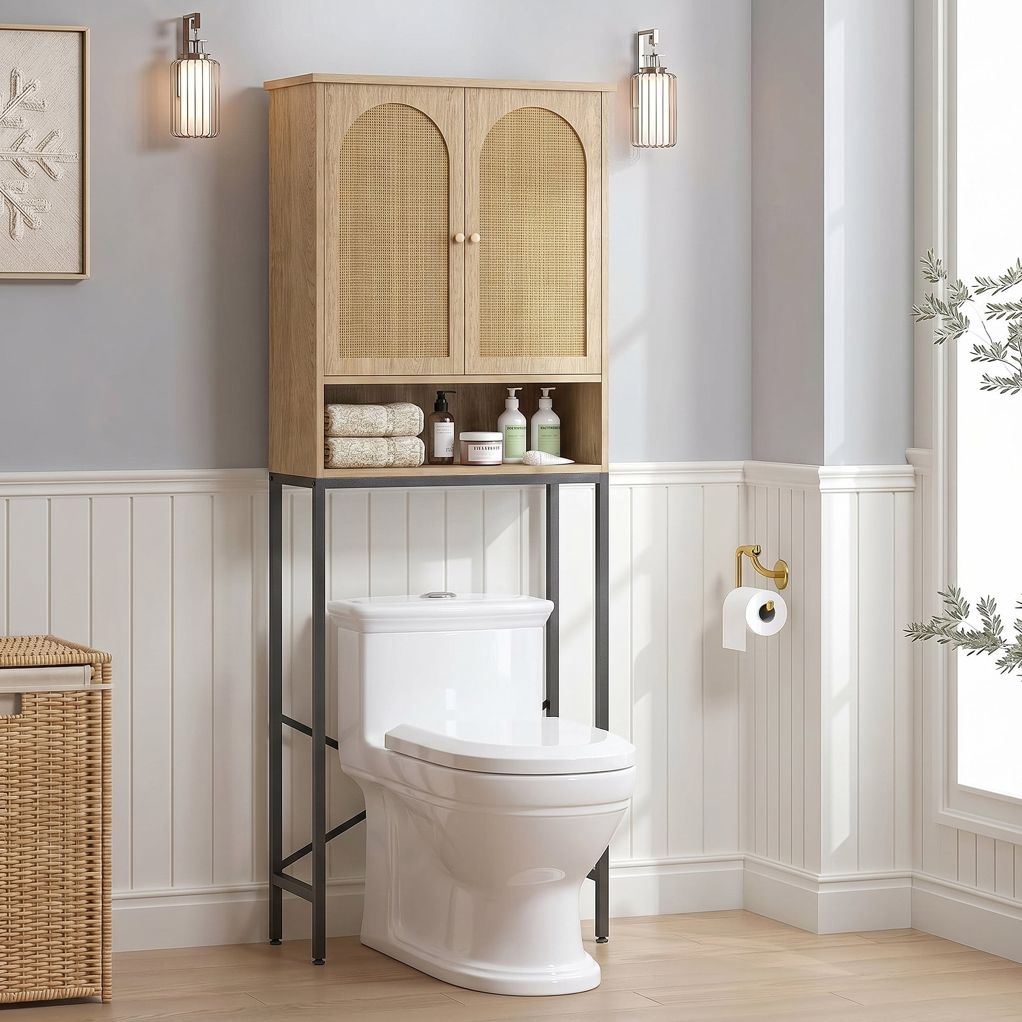 VEANERWOOD Rattan Toilet Storage Cabinet, Over The Rack Wood Cabinet with Metal Stand, Bathroom Small Cupboard, Natural