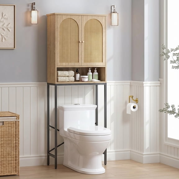 VEANERWOOD Rattan Toilet Storage Cabinet, Over The Rack Wood Cabinet with Metal Stand, Bathroom Small Cupboard, Natural