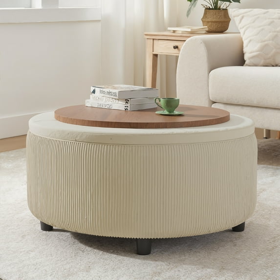 VEANERWOOD Round Storage Ottoman, Upholstered Coffee Table with Removable Wood Top and Hidden Storage for Living Room, Sofa Side, Bedroom, Office