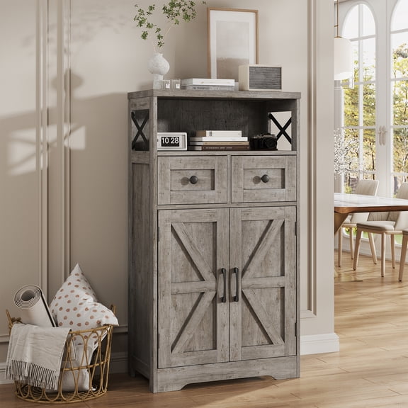 Rustic Farmhouse Storage Cabinet with Drawers and Shelves, Freestanding Kitchen Pantry Storage Cabinet, Floor Storage Cabinet Sideboard, Washed Grey