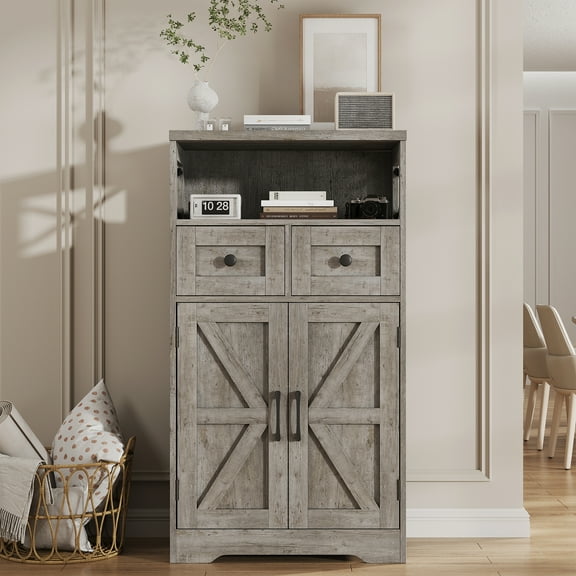 Rustic Farmhouse Storage Cabinet with Drawers and Shelves, Freestanding Kitchen Pantry Storage Cabinet, Floor Storage Cabinet Sideboard, Washed Grey