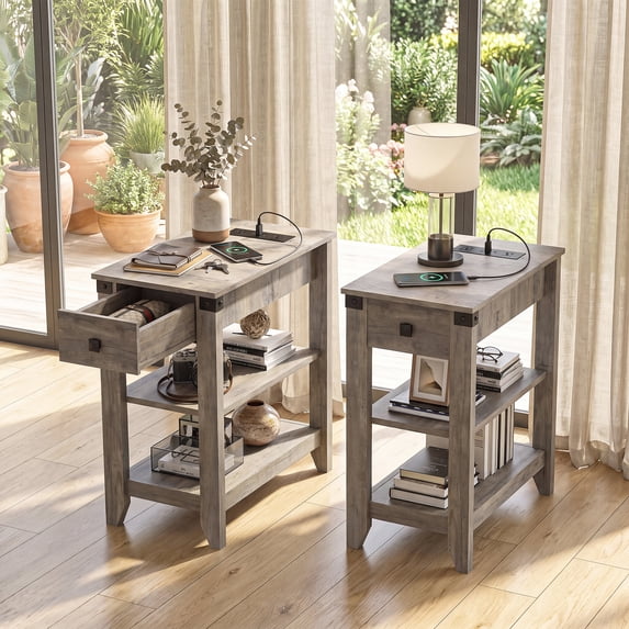 VEANERWOOD Set of 2 End Tables with Charging Station, Narrow Side Tablefor Small Space, Skinny Nightstand with Storage Drawer, Rustic Grey
