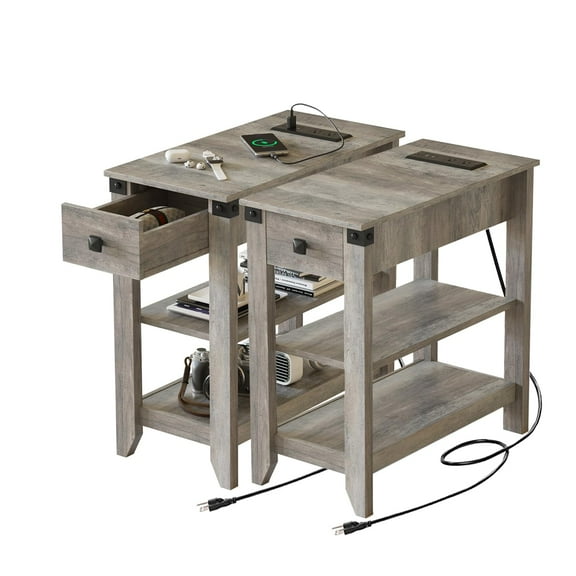 VEANERWOOD Set of 2 End Tables with Charging Station, Narrow Side Tablefor Small Space, Skinny Nightstand with Storage Drawer, Rustic Grey