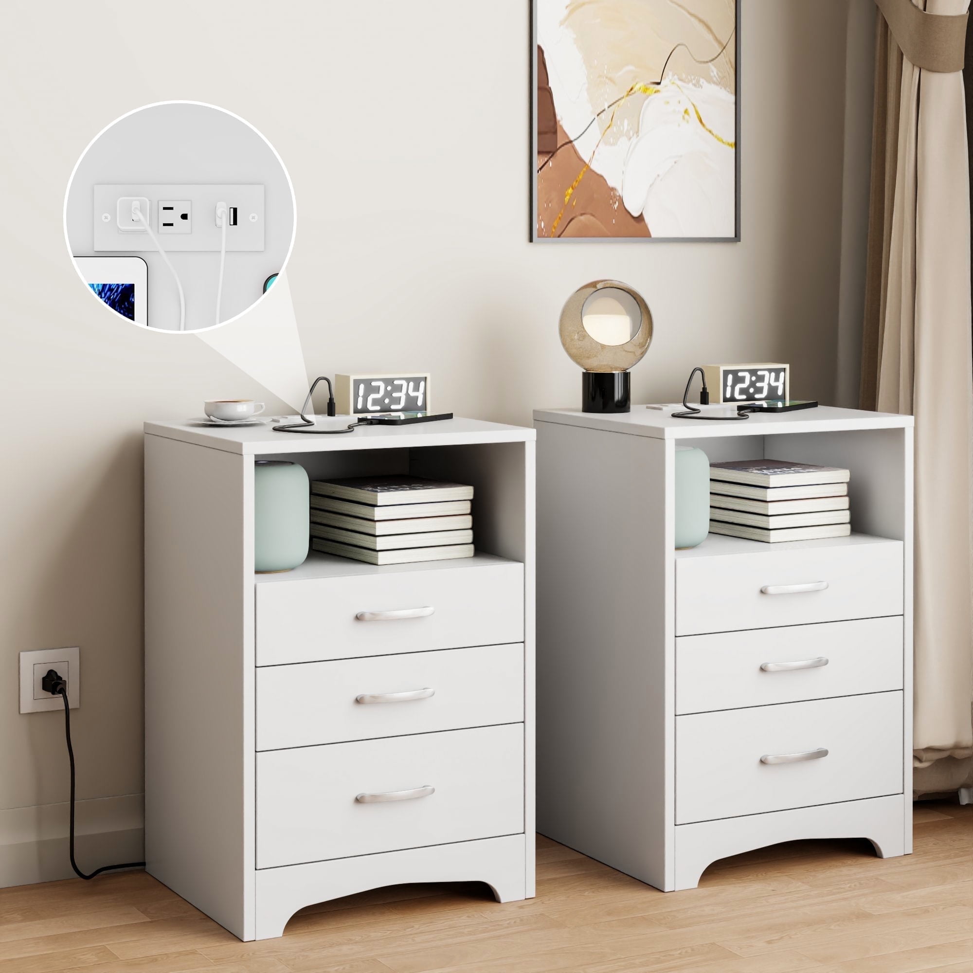 VEANERWOOD Set of 2 Nightstand with Charging Station End Side Table with 3 Drawers Bedside Bed Table, White