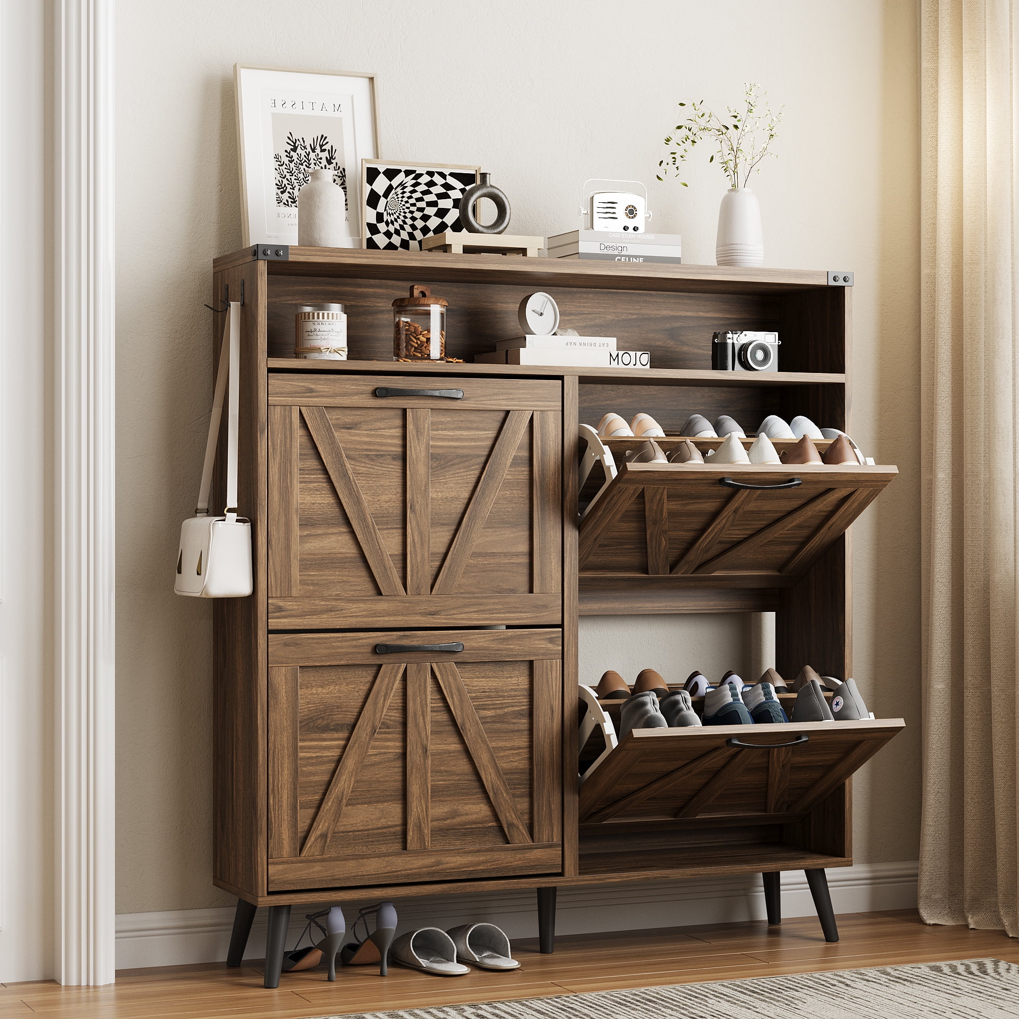 Veanerwood Shoe Cabinet Wtih Flip Drawers, Freestanding Narrow
