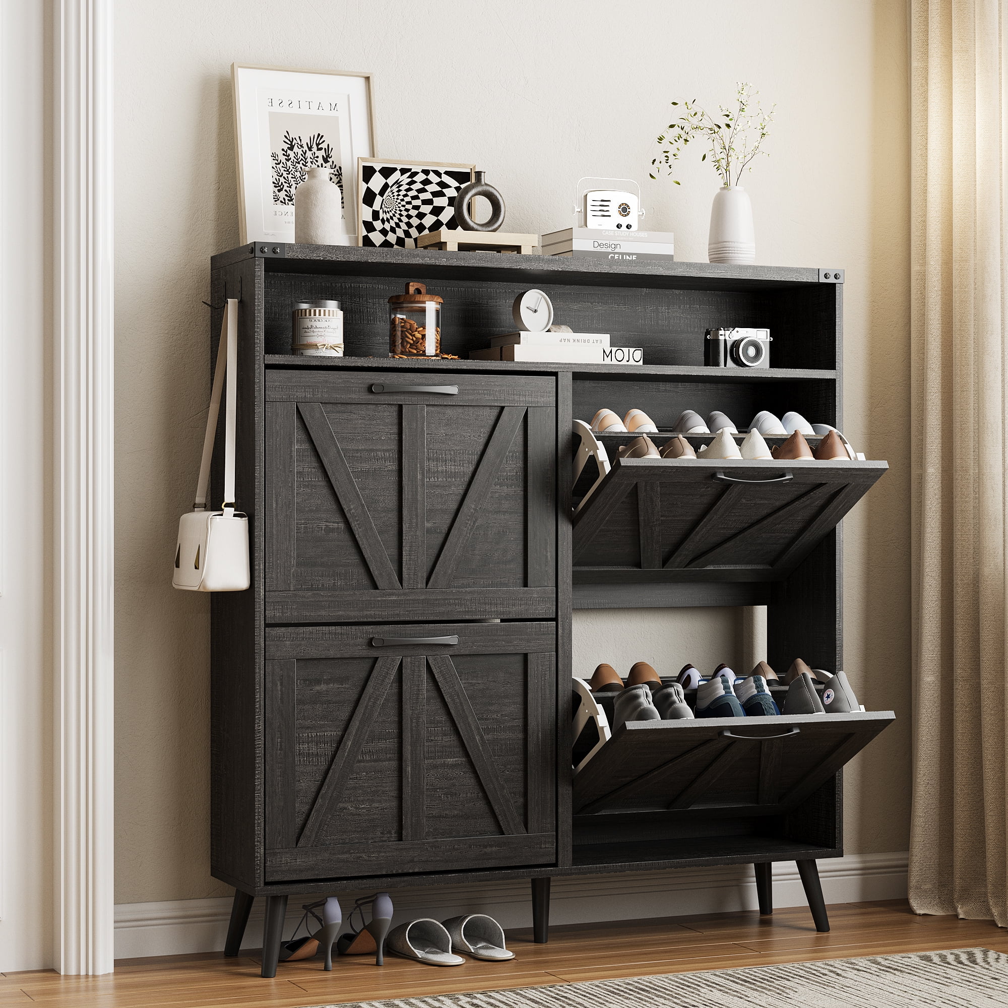 Veanerwood Shoe Cabinet Wtih 4 Flip Drawers, Freestanding Narrow