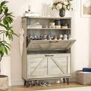 Veanerwood Shoe Cabinet with 2 Flip Drawers Farmhouse Shoe Storage Cabinet Organizer for Entryway, Gray