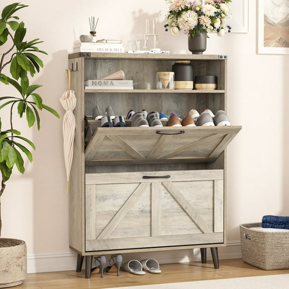 Veanerwood Shoe Cabinet with 2 Flip Drawers Farmhouse Shoe Storage Cabinet Organizer for Entryway, Gray