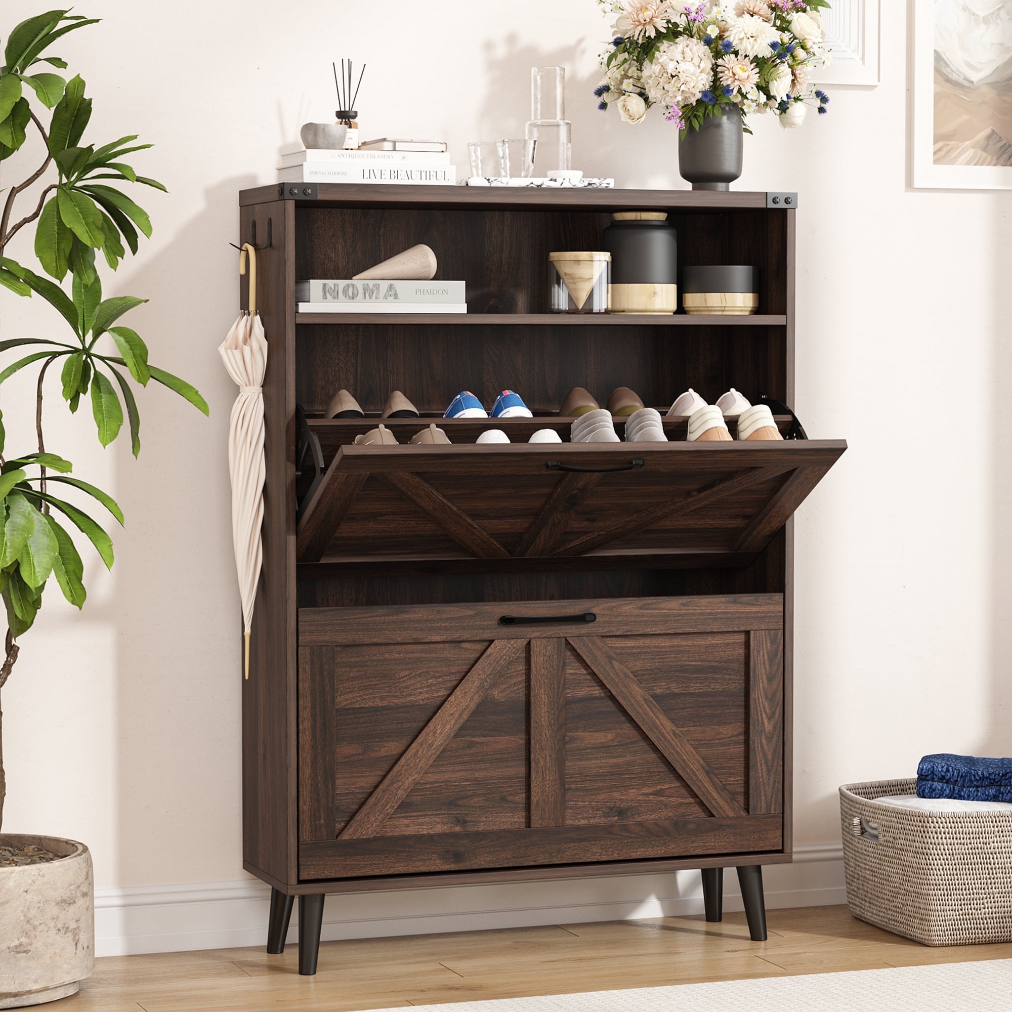 Veanerwood Entryway Wooden Shoe Storage Cabinet, Freestanding Flip